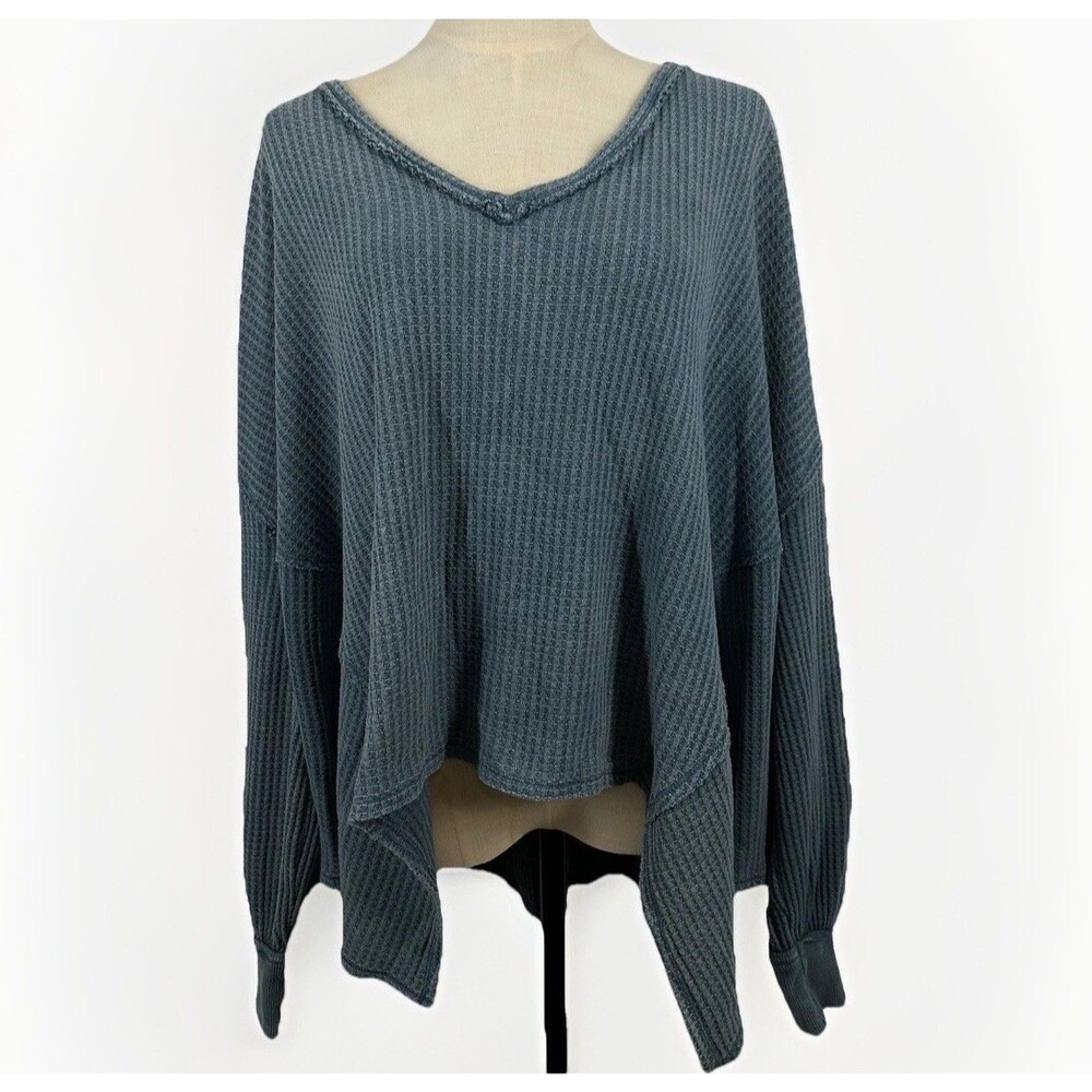 We The Free People Coraline Thermal Tunic Large V Neck Blue Oversized Pullover